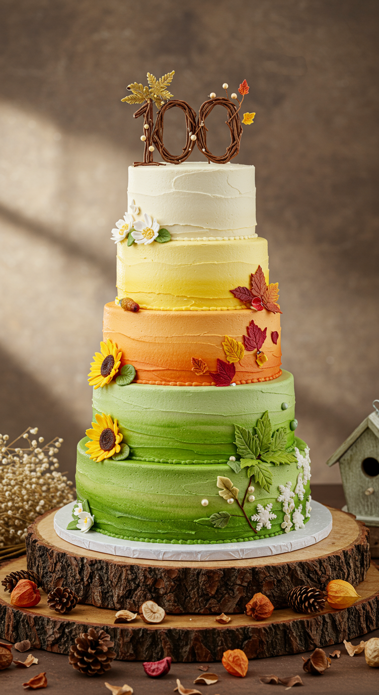 Mehrstöckige Torte in Herbstfarben (grün, orange, gelb, weiß) mit saisonaler Deko.