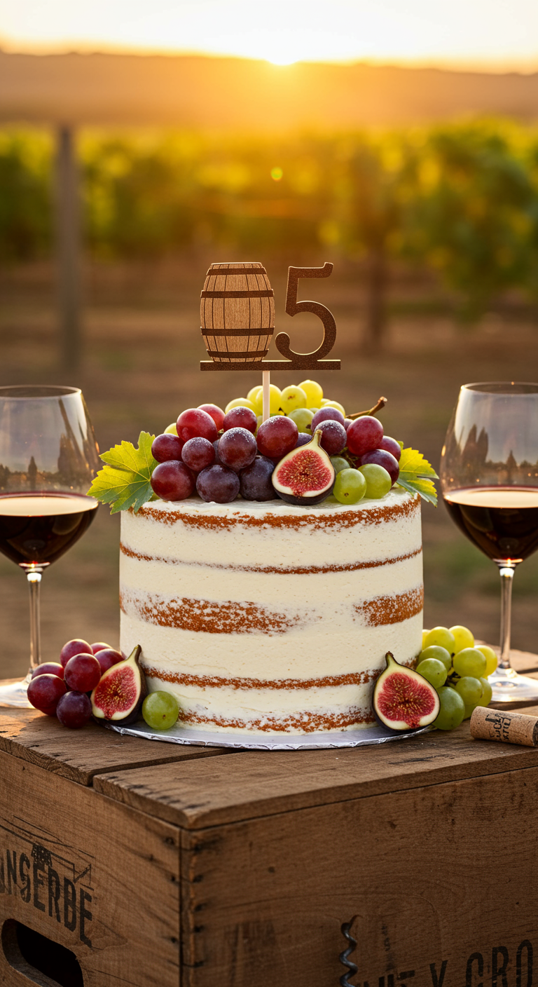 Semi-Naked-Torte mit frischen Trauben, Feigen und einem Holz-Topper „85“ im Weinfass-Stil.
