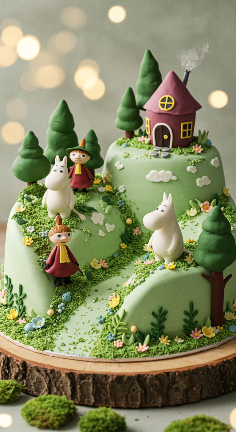 Grüne Mumin-Torte als Landschaft mit Muminhaus und Figuren.