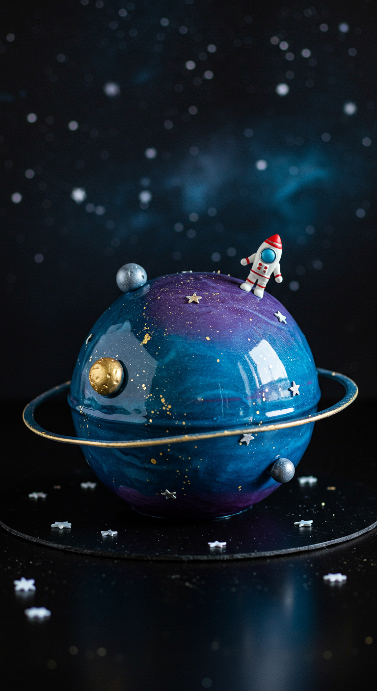 Kugelförmige Galaxy-Torte mit Mirror Glaze, Planeten und Astronauten-Figur.