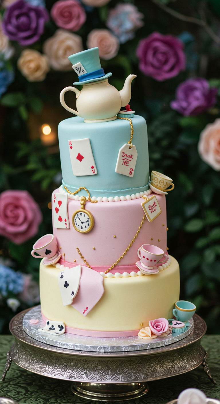 Dreistöckige Alice im Wunderland Torte in Pastellfarben mit Teekanne, Spielkarten und Uhr.