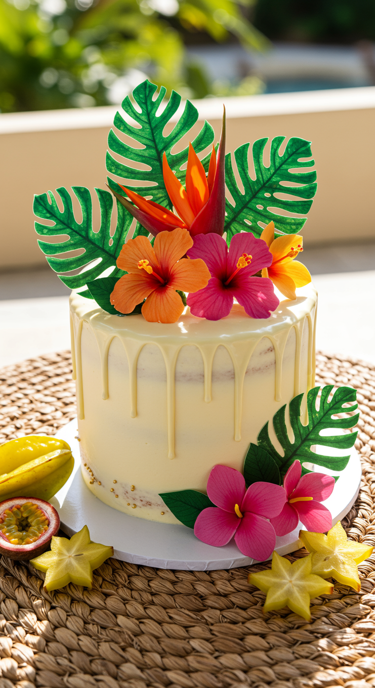 Weiße Tropftorte mit exotischen Zuckerblumen, Monstera-Blättern und Goldakzenten.