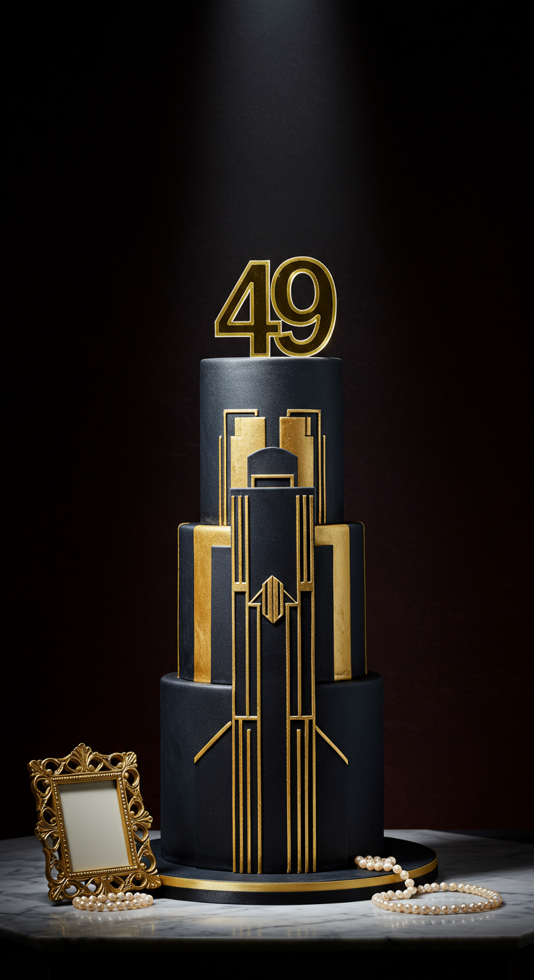 Dreistöckige Art-Déco-Torte in Schwarz und Gold mit Zahl 49.