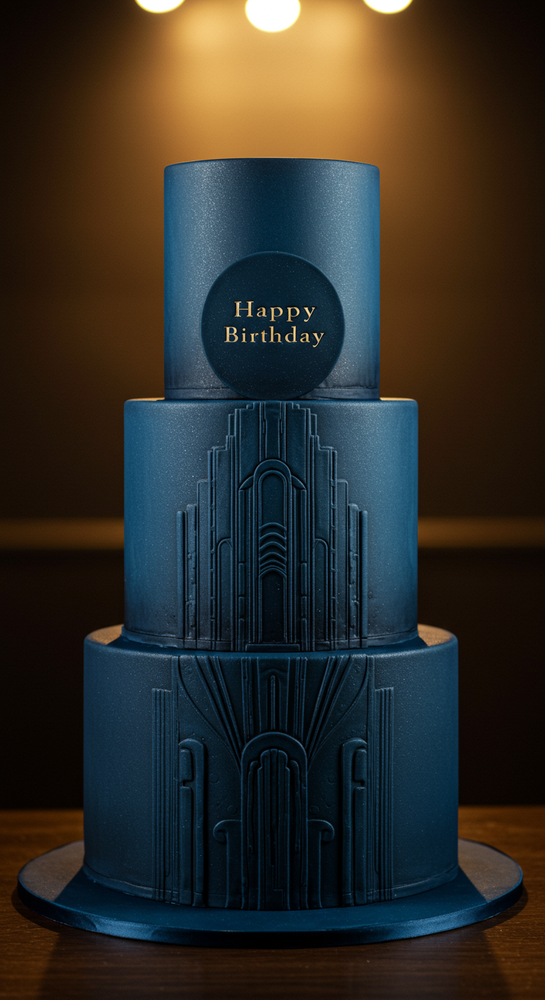 Dunkelblaue dreistöckige Torte mit Art-Déco-Relief und goldenem