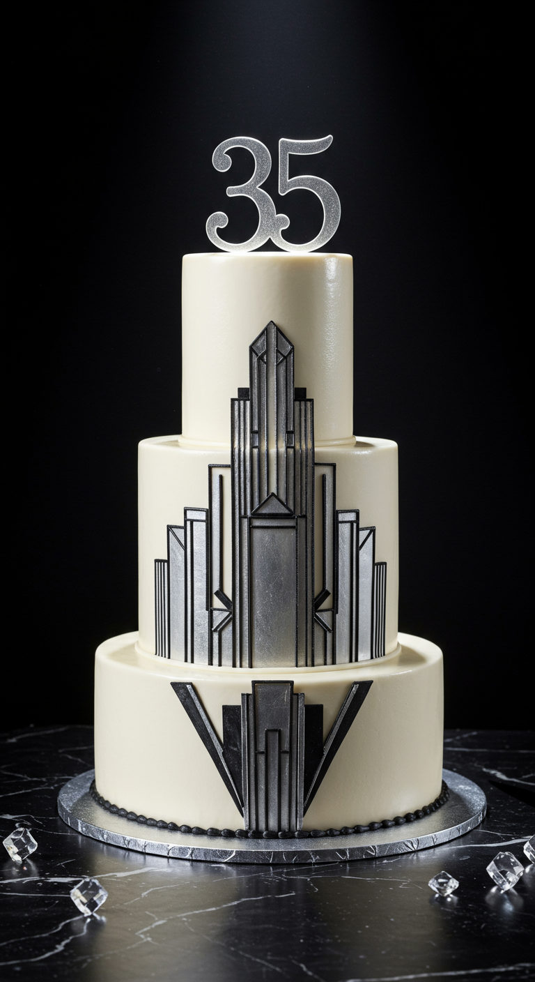 Dreistöckige weiße Torte mit silbernen Art-Déco-Mustern und „35“ Topper.