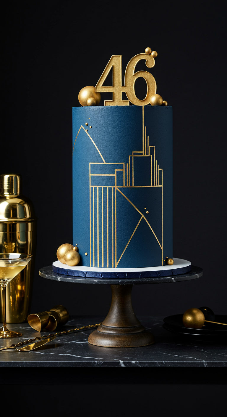 Hohe dunkelblaue Torte mit goldenen Art-Deco-Linien und Zahl 46.