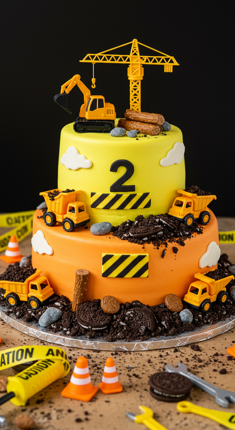 Zweistöckige Baustellen-Torte mit Spielzeug-Baggern und Oreo-Krümeln als Erde.