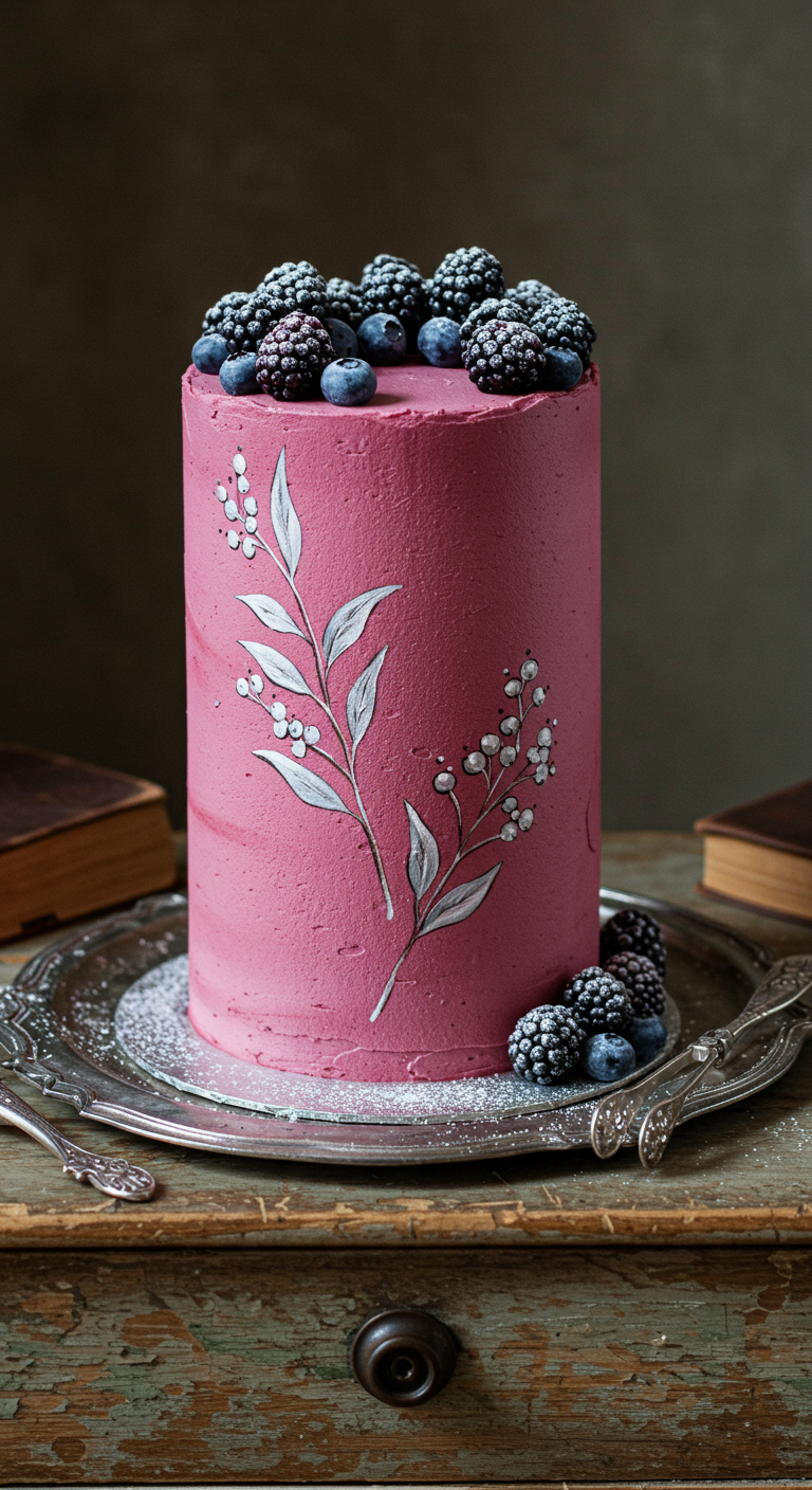 Hohe pinke Torte mit handgemaltem weißen Zweig und frischen, gezuckerten Beeren obendrauf.