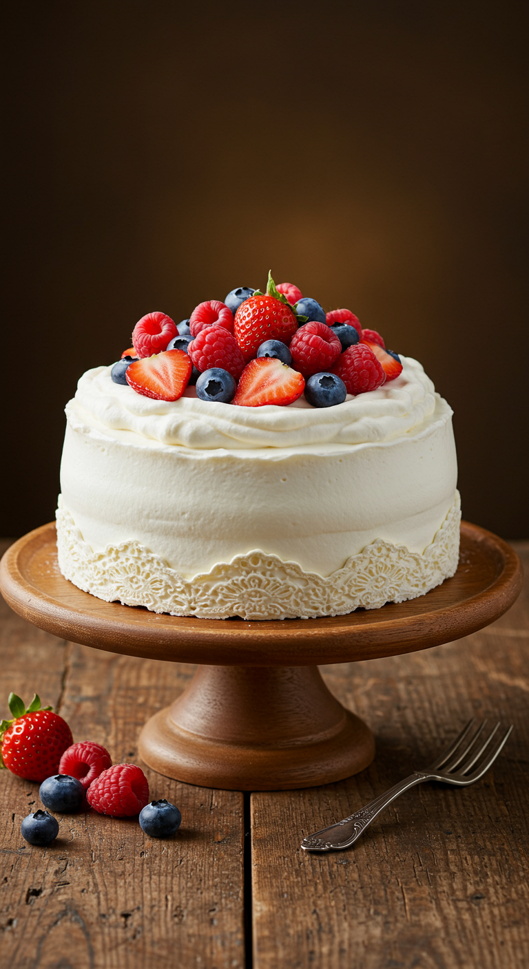 Einstöckige Sahnetorte mit frischen Beeren und Spitzenrand.