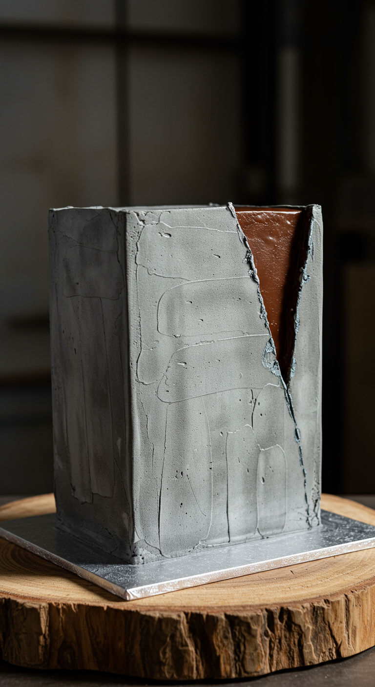 Graue quadratische Torte im Beton-Look mit diagonalem Schokoladen-Aufbruch.