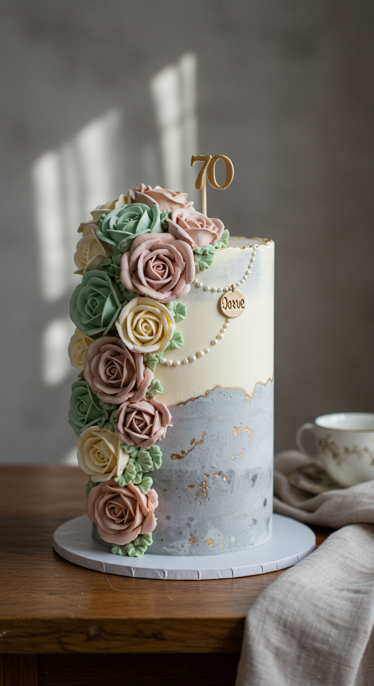 Hohe Torte, unten grau-marmoriert, oben weiß mit Buttercreme-Rosenranke und