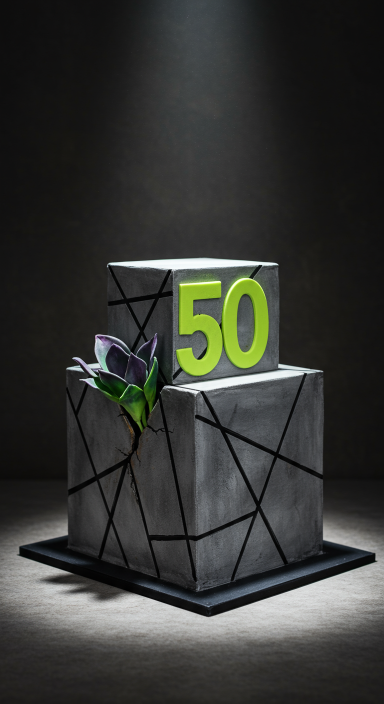 Graue zweistöckige Torte im Beton-Look mit neongrüner '50' und Sukkulente.