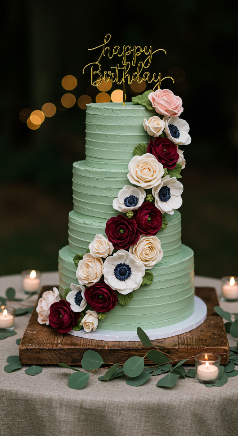 Dreistöckige mintgrüne Torte mit einer Kaskade aus weißen, rosa und dunkelroten Zuckerblumen.