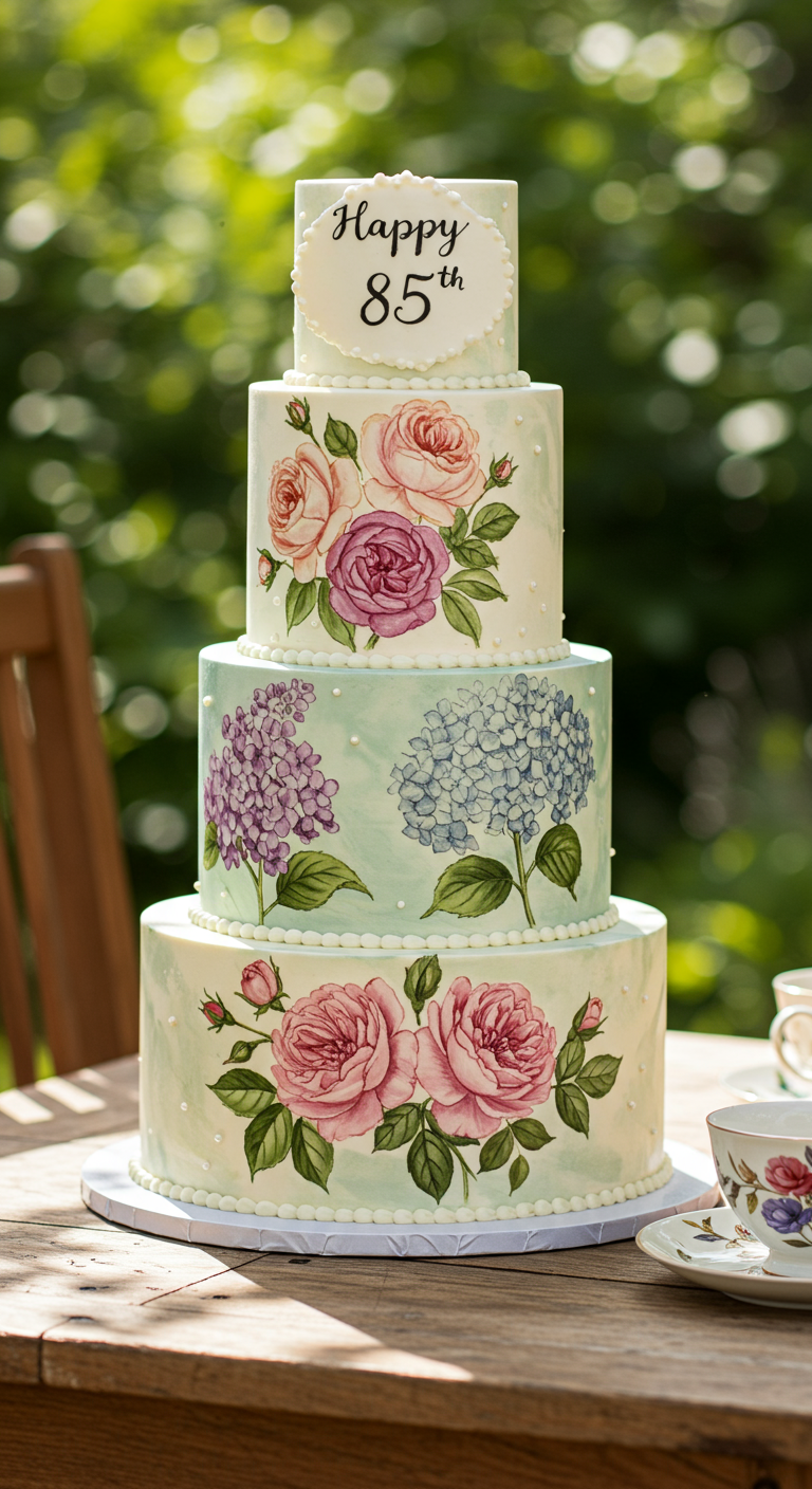 Vierstöckige Torte mit handgemalten Rosen und Hortensien, „Happy 85th“-Schild.