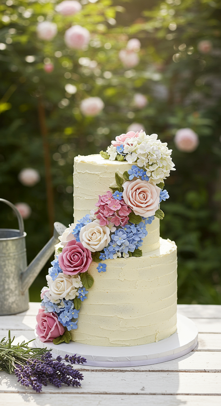 Zweistöckige Buttercremetorte mit einer diagonalen Kaskade aus echten rosa, weißen und blauen Blüten.