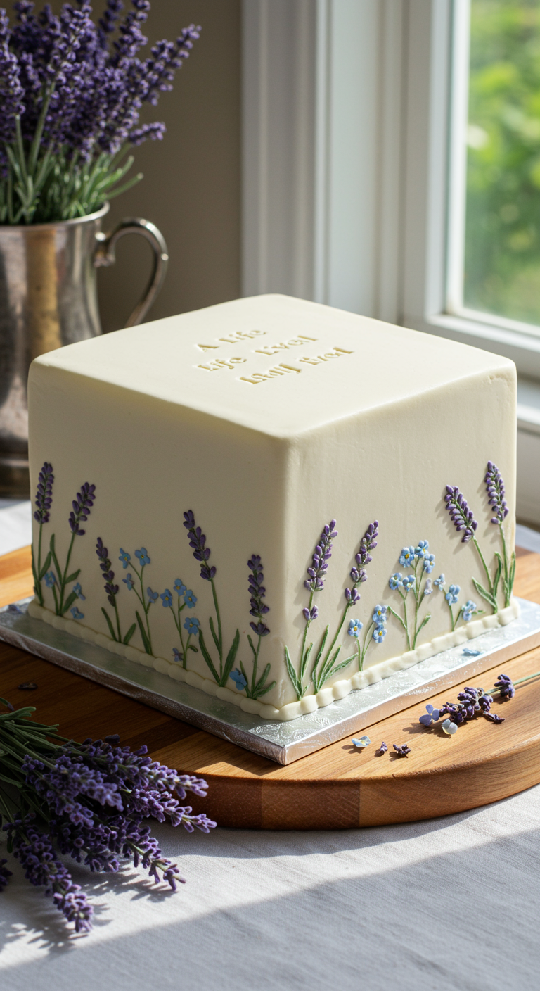Weiße quadratische Torte mit handgemalten Lavendel- und Vergissmeinnicht-Blüten.