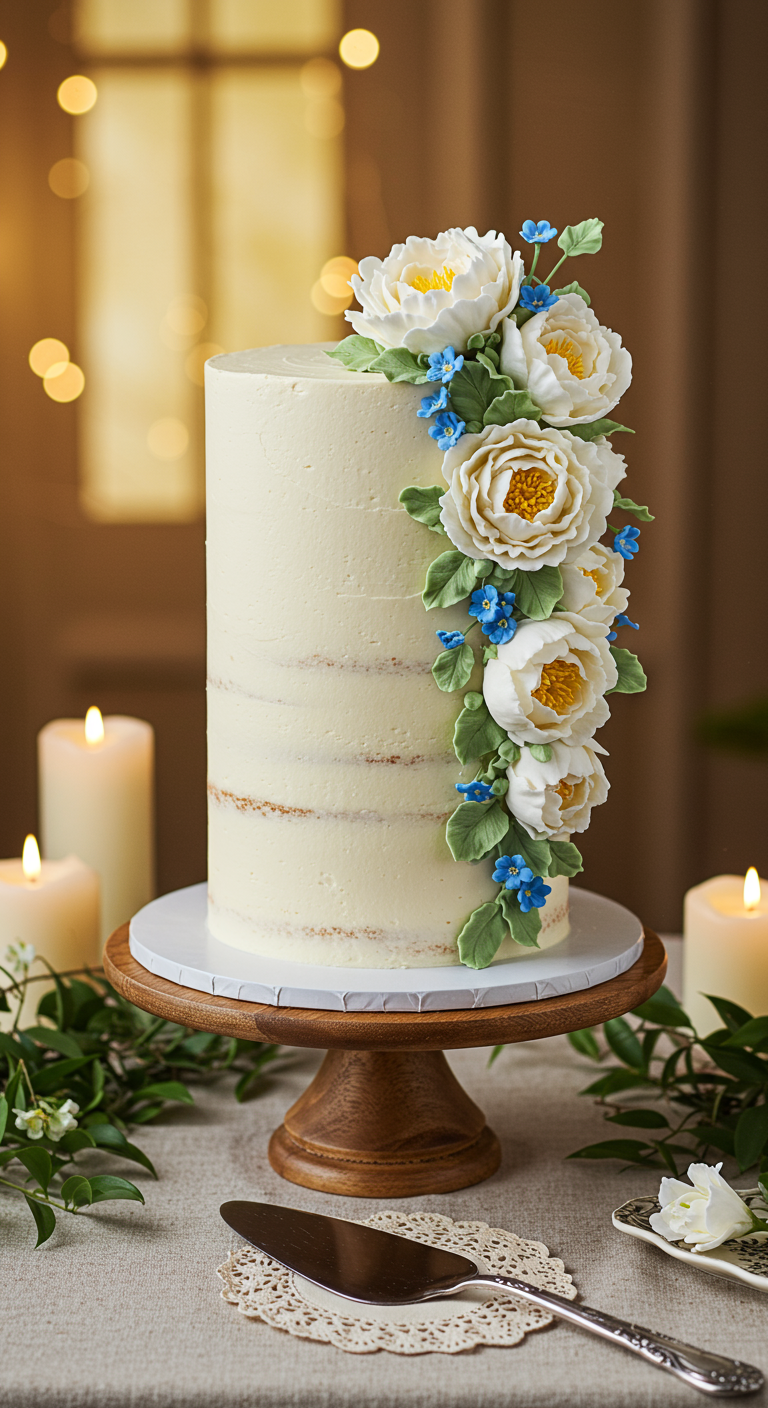 Hohe, helle „Naked Cake“ Torte mit frischen weißen und blauen Blumen dekoriert.