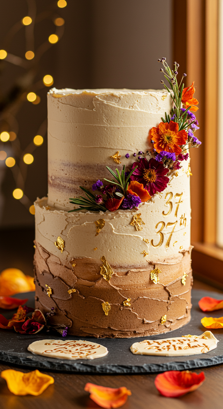 Zweistöckige Torte mit Creme-Farbverlauf, echten Blumen und Goldakzenten.