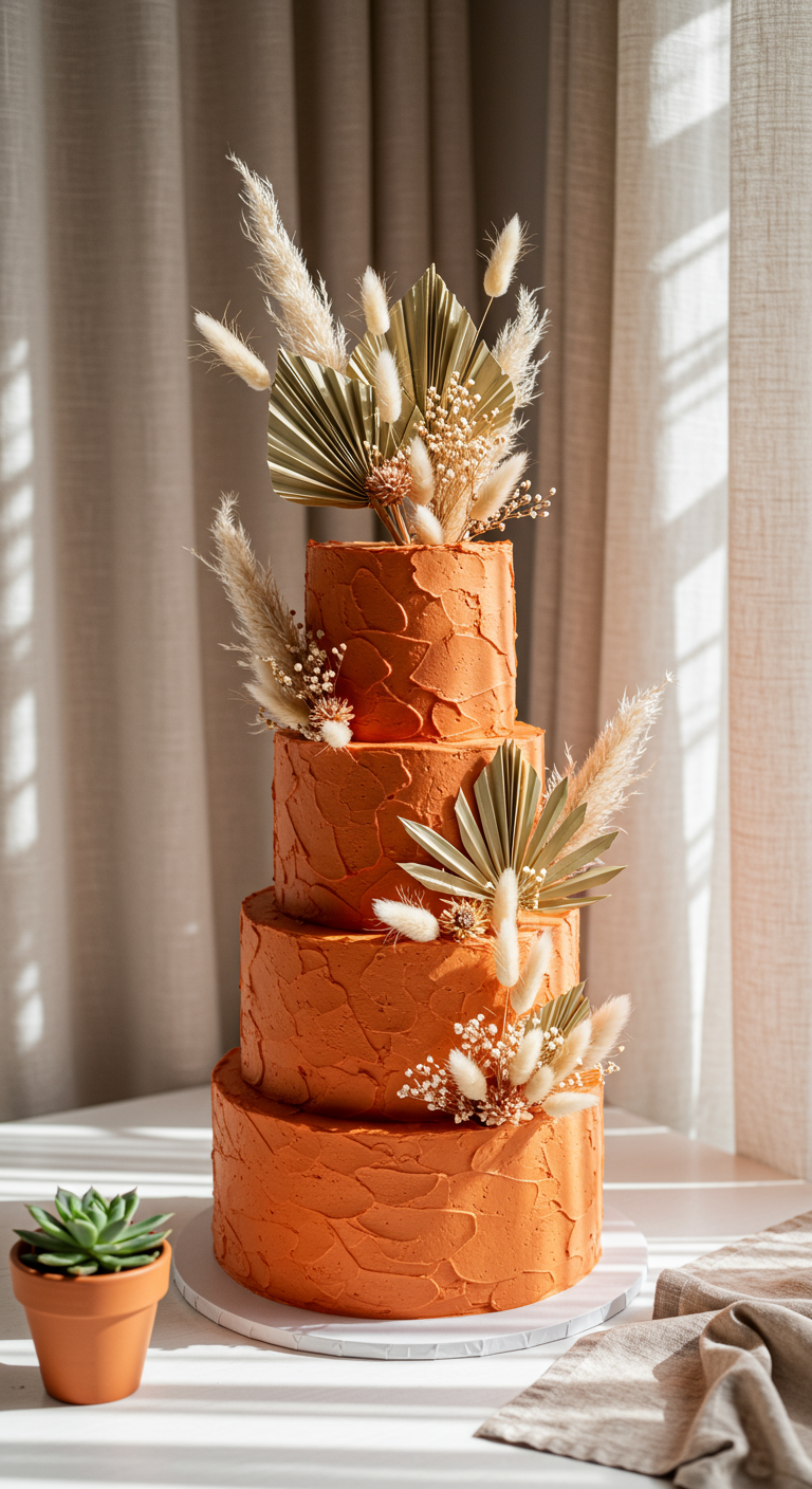 Vierstöckige Terrakotta-Torte mit strukturierter Buttercreme und Trockenblumendeko.