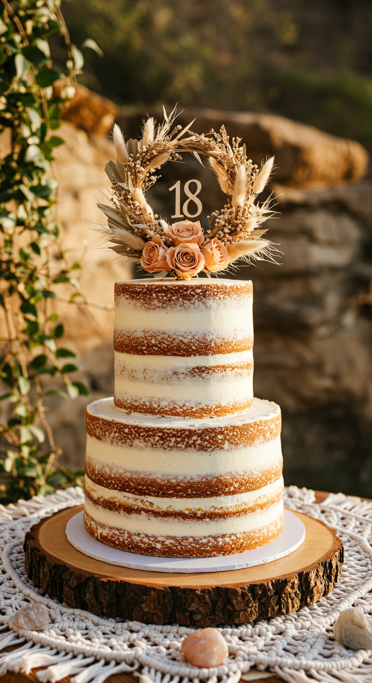 Zweistöckige Naked Cake mit Buttercreme, Trockenblumenkranz und
