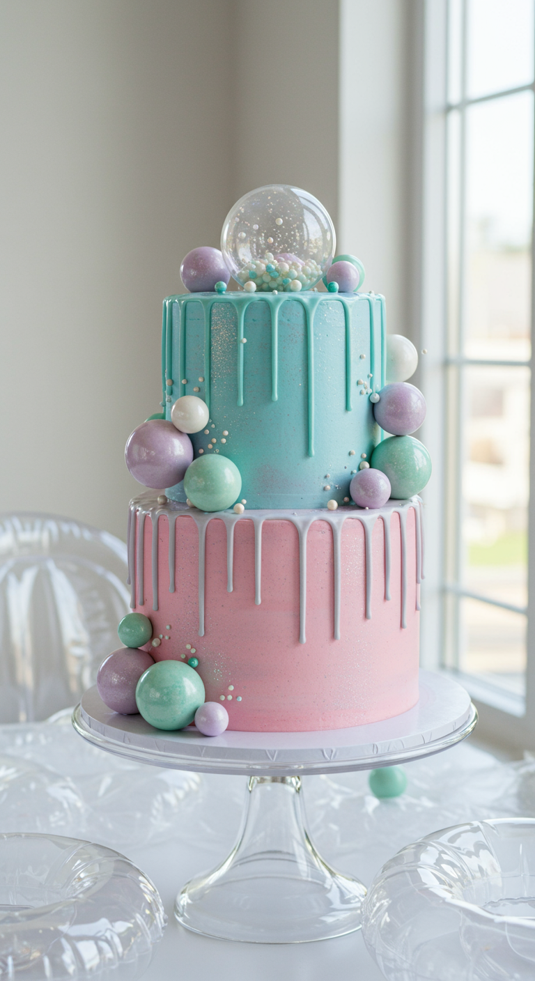 Zweistöckige Torte in Rosa und Türkis mit Drip-Effekt und bunten Kugeln.