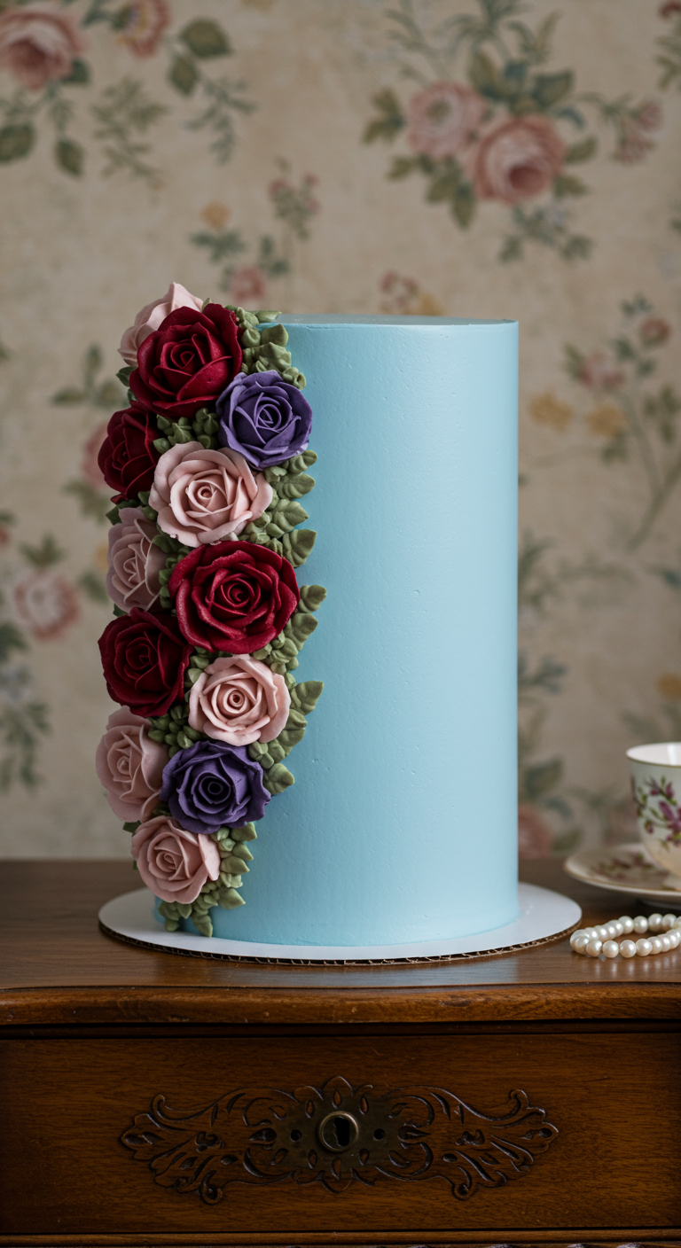 Hohe, hellblaue Torte mit seitlicher Kaskade aus Buttercreme-Rosen in Rot-, Rosa- und Lilatönen.