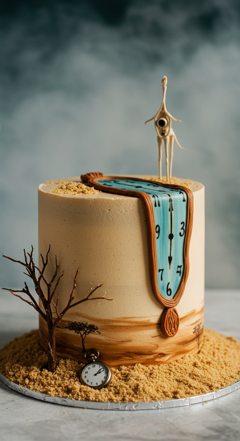 Beige Torte mit einer zerfließenden blauen Uhr, umgeben von „Sand“ aus Kekskrümeln.