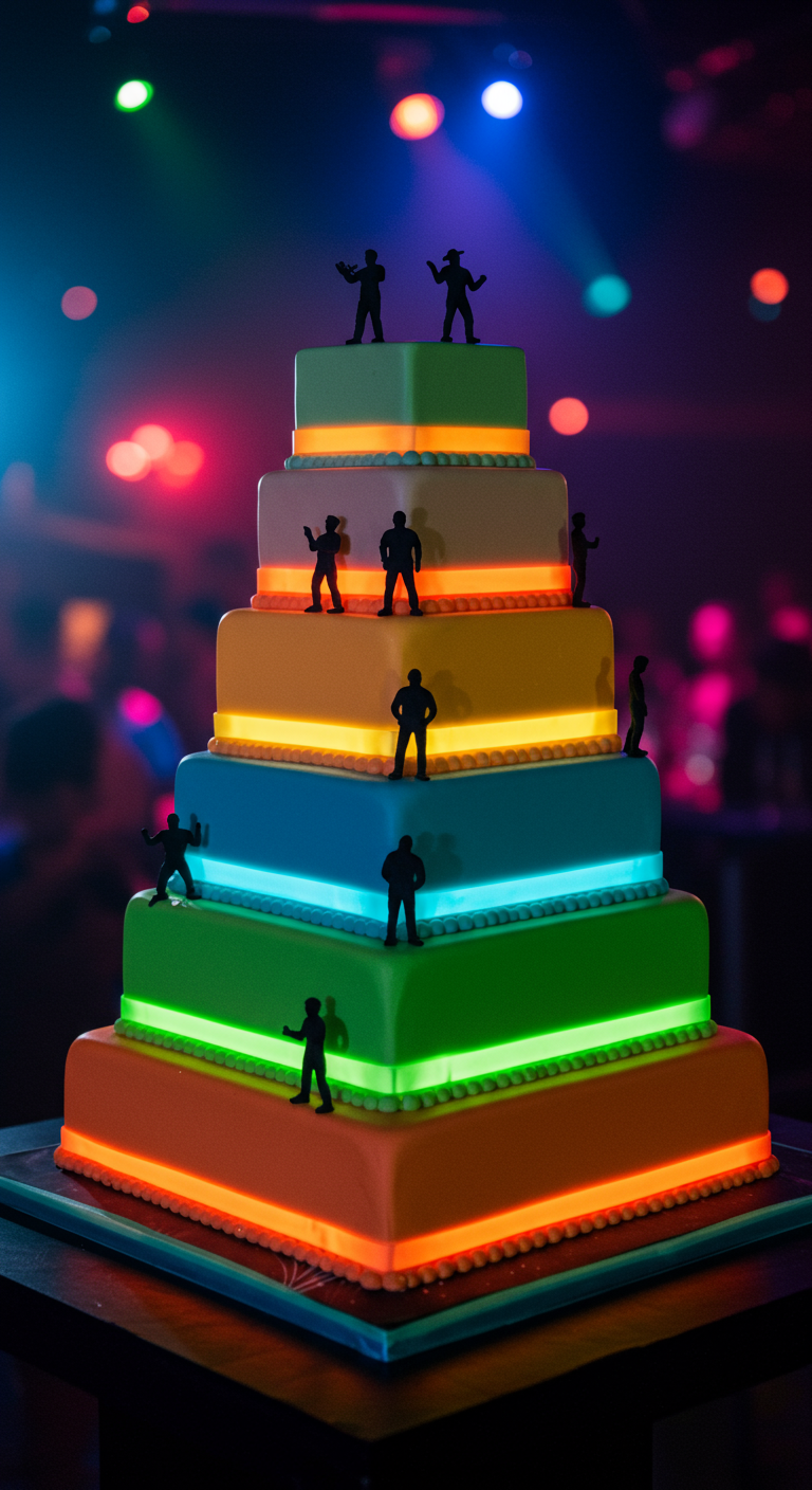 Mehrstöckige quadratische Torte mit Neonbändern und tanzenden Silhouetten.