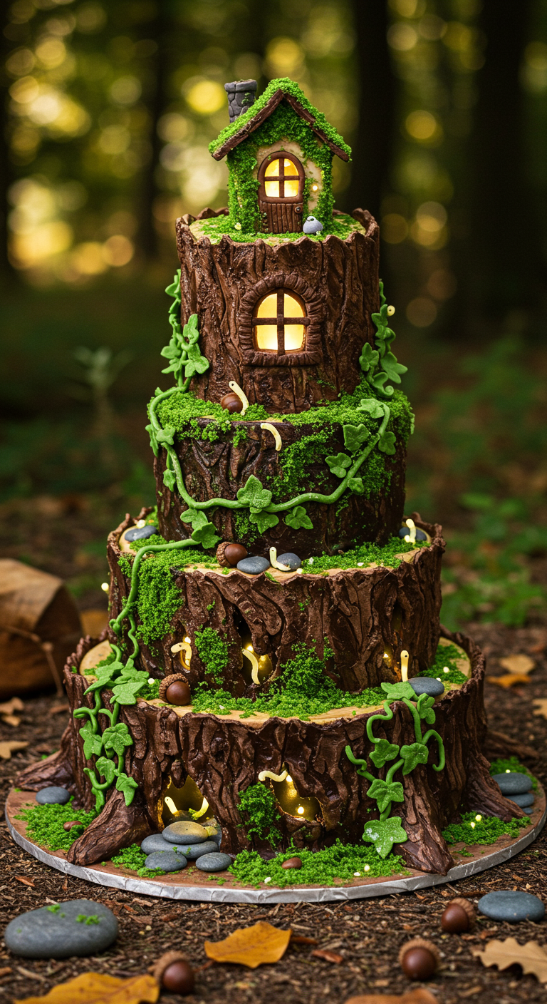 Mehrstöckige Baumstamm-Torte mit Moos, Eicheln und beleuchtetem Feenhaus.
