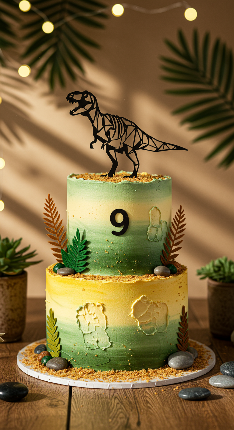 Zweistöckige Dino-Torte in Grün-Gelb-Ombré mit Dino-Skelett-Topper und Farnblättern.