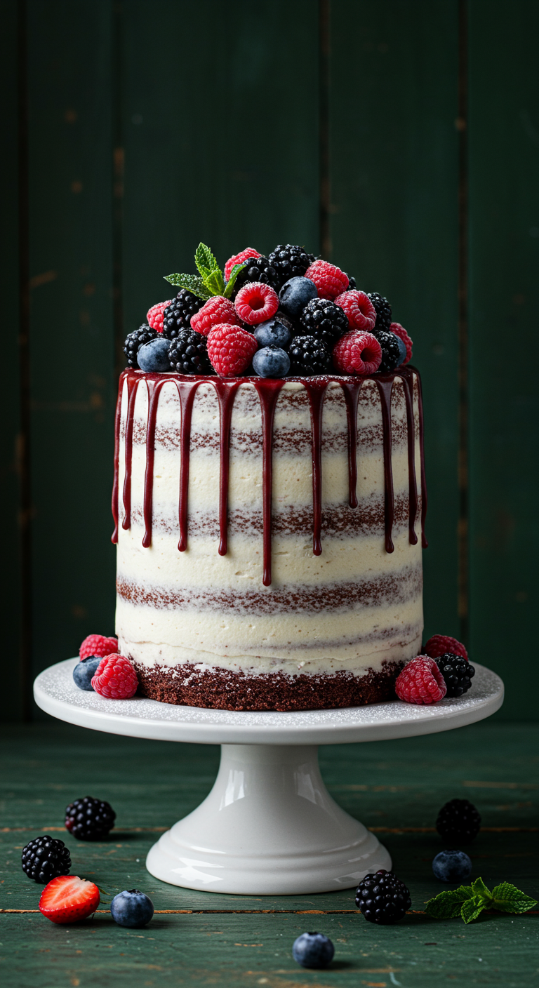 Schoko-Naked-Cake mit rotem Beerendrip und frischen Beeren.