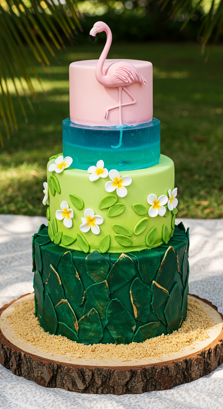 Vierstöckige Tropen-Torte mit Flamingo, Frangipani-Blüten und Blätter-Relief.