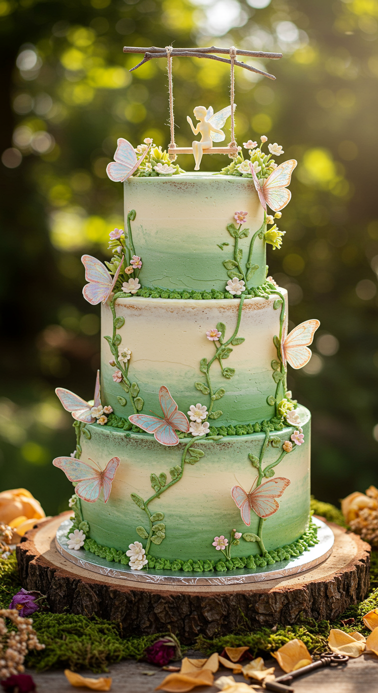 Dreistöckige Torte mit grünem Ombré, Schmetterlingen und einer Fee auf einer Schaukel.