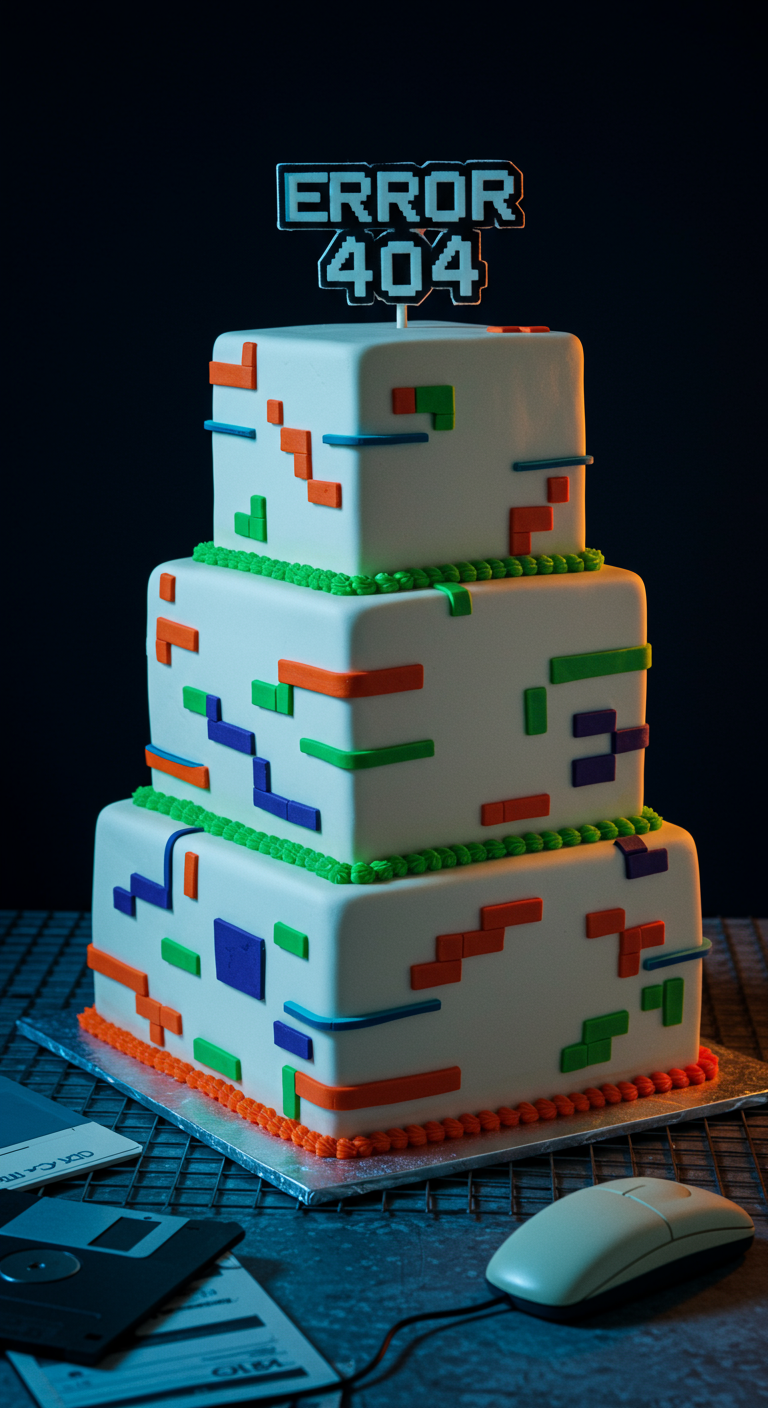 Dreistöckige weiße Y2K-Torte mit bunten, pixeligen Blöcken und „Error 404“ Topper.