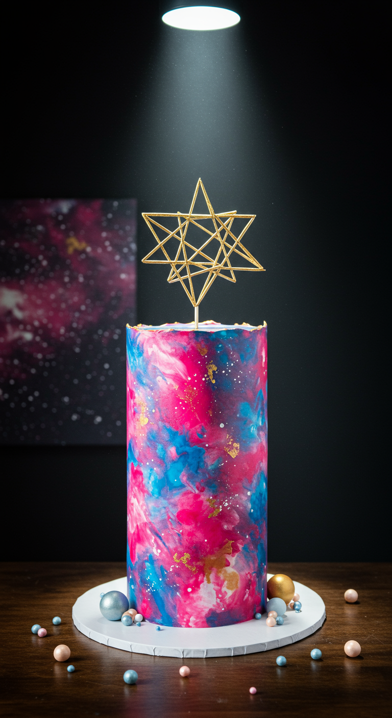 Hohe Torte in Pink-Blau-Marmorierung mit goldenem Stern-Topper.