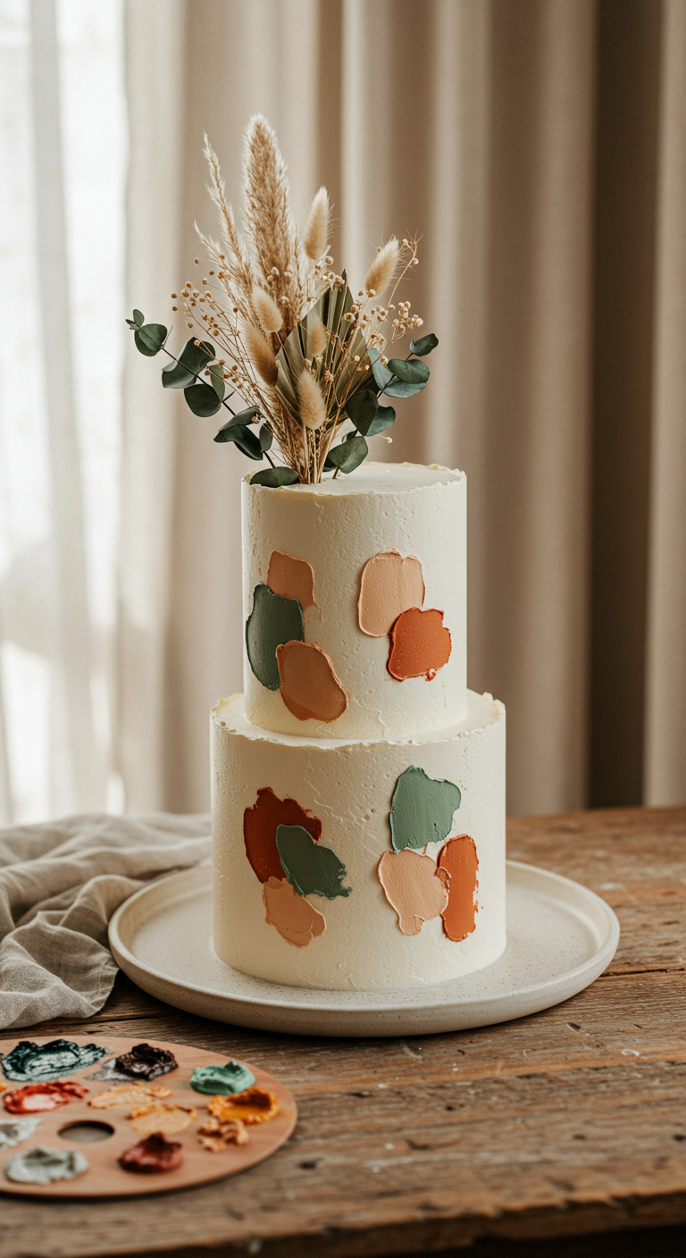 Zweistöckige weiße Torte mit bunten Farbklecksen und Trockenblumen-Topping.