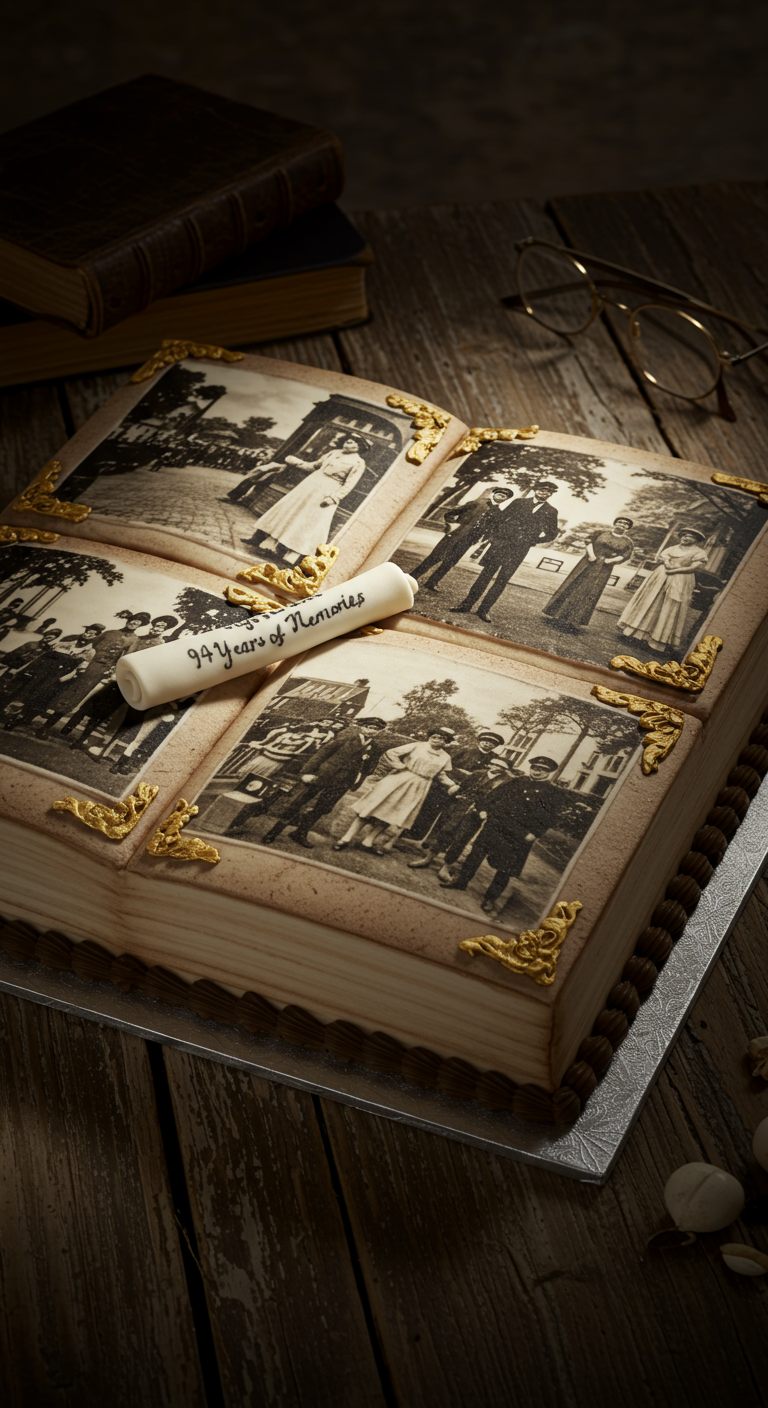 Kuchen in Form eines offenen Fotoalbums mit alten Fotos und goldener Verzierung.