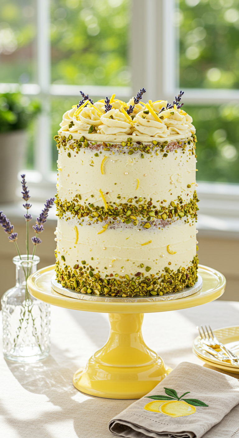 Naked Cake mit Pistazienrand, Zitronencreme und Lavendelzweigen auf gelbem Tortenständer.