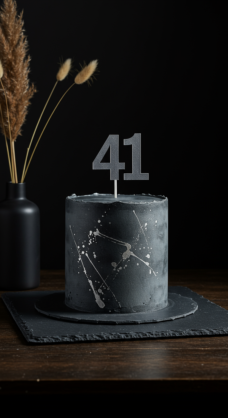 Schwarze Torte mit silbernen Farbspritzern und einem „41“-Topper.