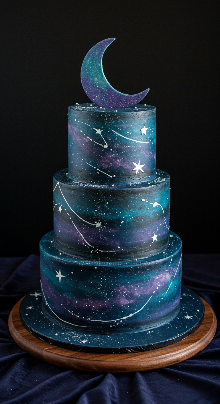 Dreistöckige Torte im Galaxie-Design mit Sternen, Nebeln und einem Halbmond-Topper.