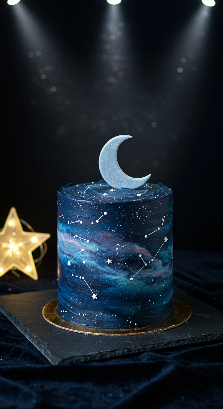 Dunkelblaue Galaxie-Torte mit aufgesetztem Halbmond und Sternbildern.