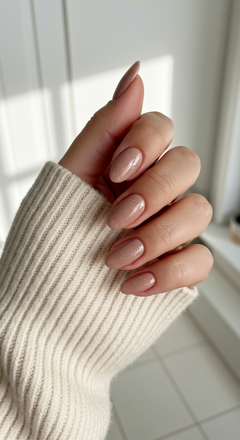 Ovale Nude-Nägel mit feinem Goldschimmer.