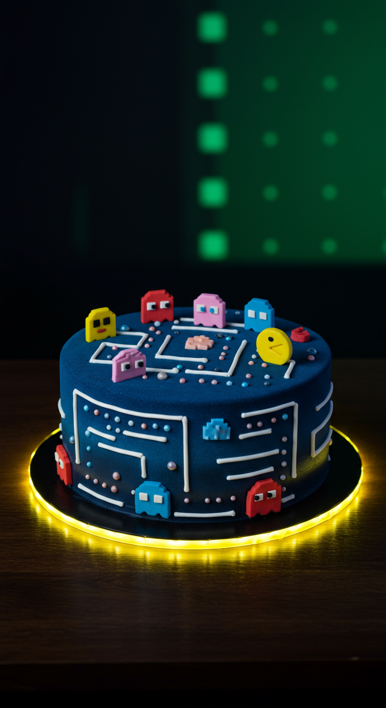 Dunkelblaue Pac-Man Torte mit bunten Spielfiguren und leuchtendem Rand.