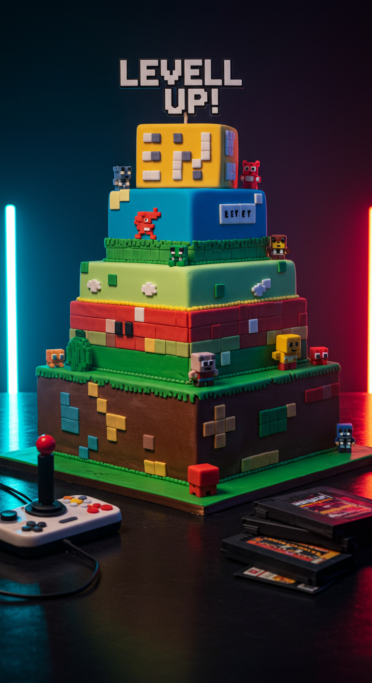 Mehrstöckige Pixel-Art Torte im Stil alter Videospiele.