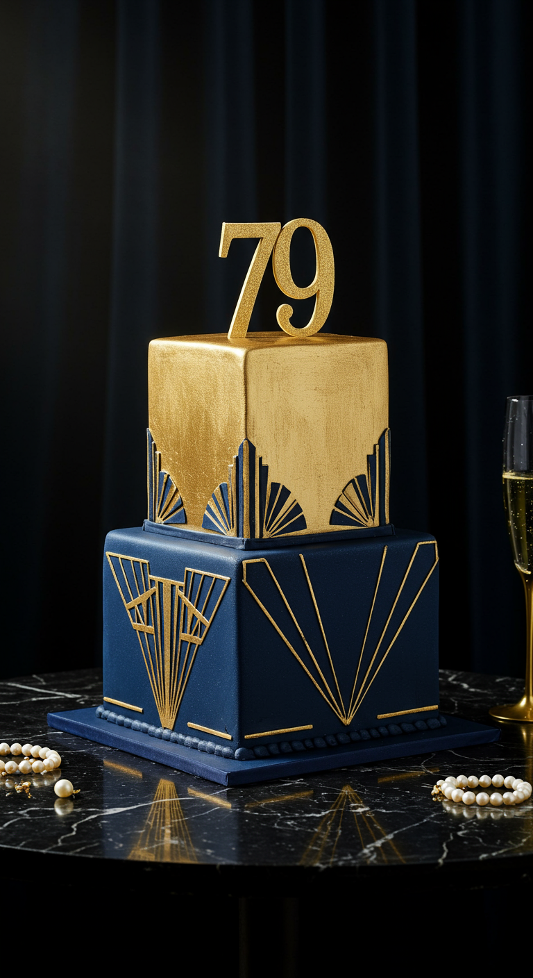 Zweistöckige, dunkelblaue, quadratische Torte mit goldenen Art-Déco-Mustern und Zahl 79.