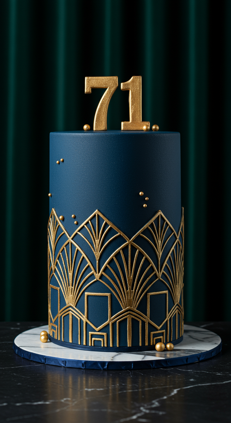 Hohe, nachtblaue Torte mit goldenem Art-Deco-Muster und goldenen Zahlen