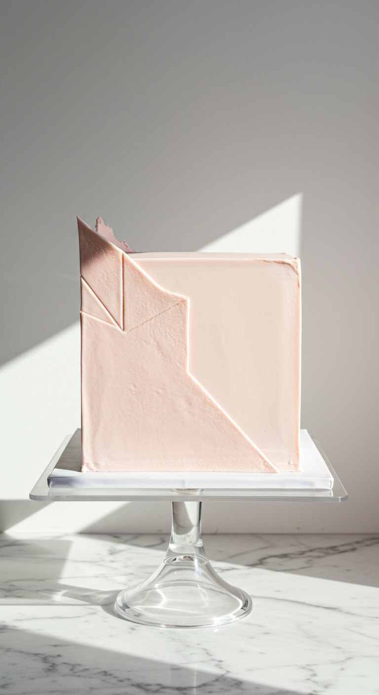 Rosafarbene quadratische Torte mit geometrischen Einkerbungen in der Buttercreme.