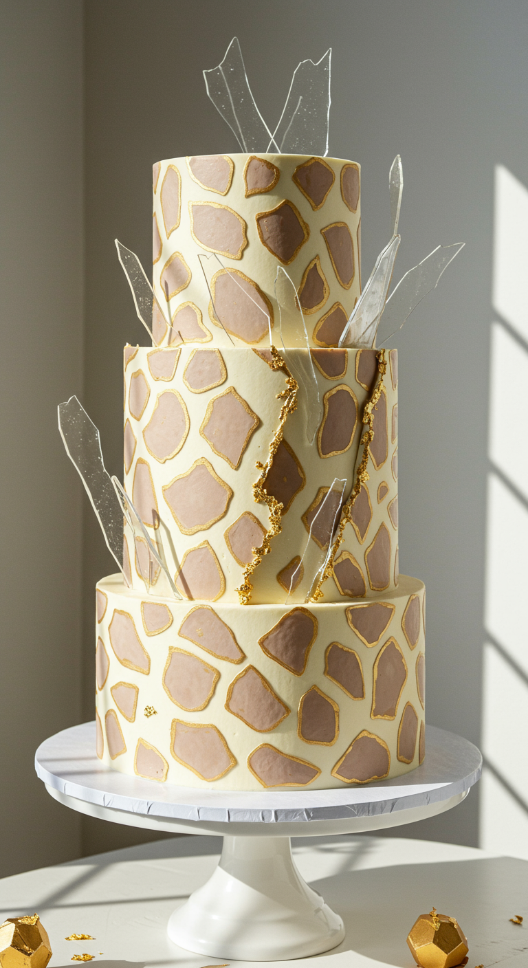 Dreistöckige Giraffenmuster-Torte mit transparenten Zuckersplittern und Goldakzenten.
