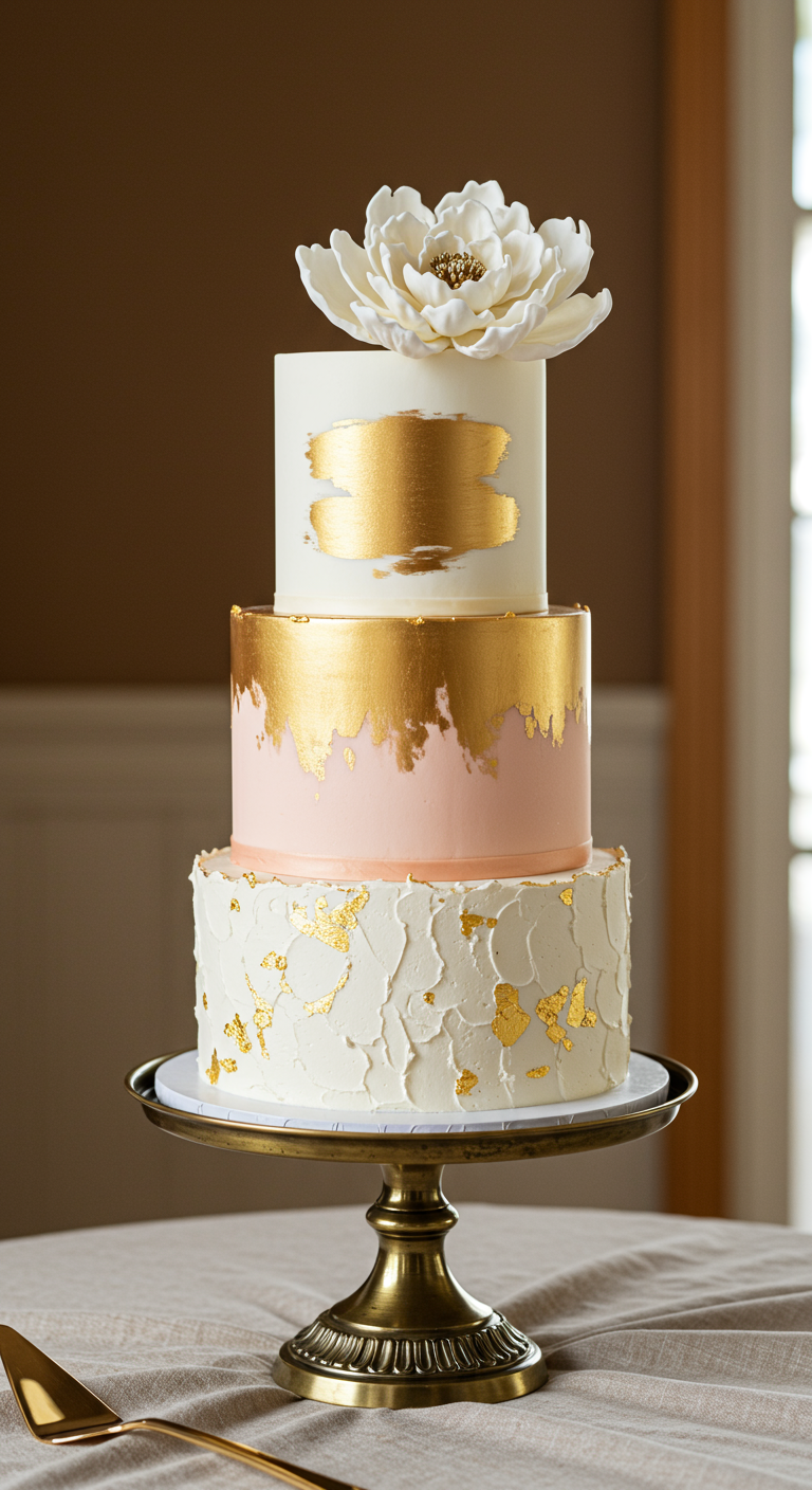 Dreistöckige Torte: unten texturiert weiß, mittig rosa mit Gold, oben weiß mit Gold und großer weißer Blume.