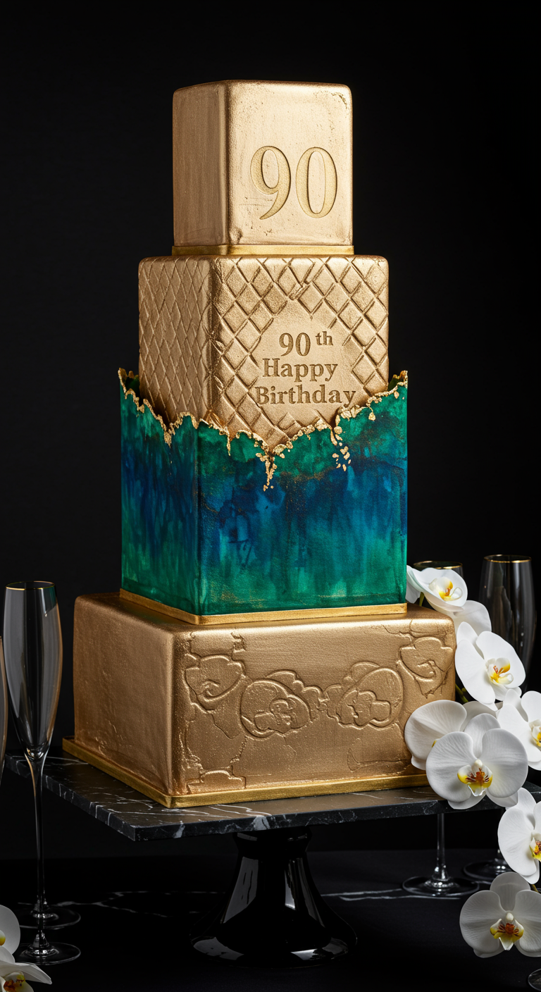 Mehrstöckige quadratische Goldtorte mit blau-grünem Mittelteil zum 90. Geburtstag.